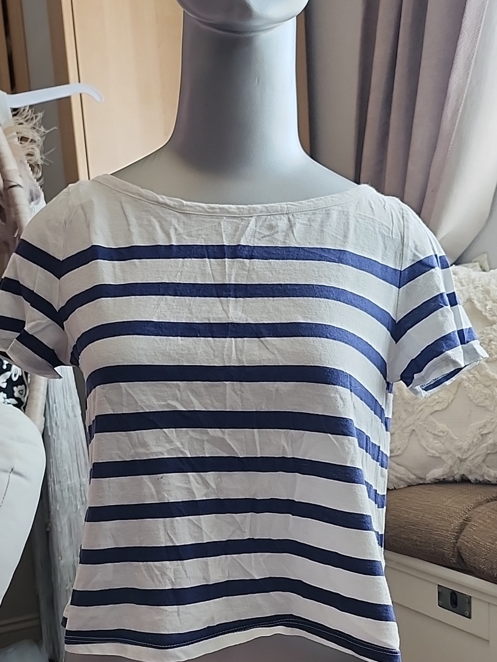 Avec Les Filles White & Navy Striped Short Sleeve Tee XS Thj1